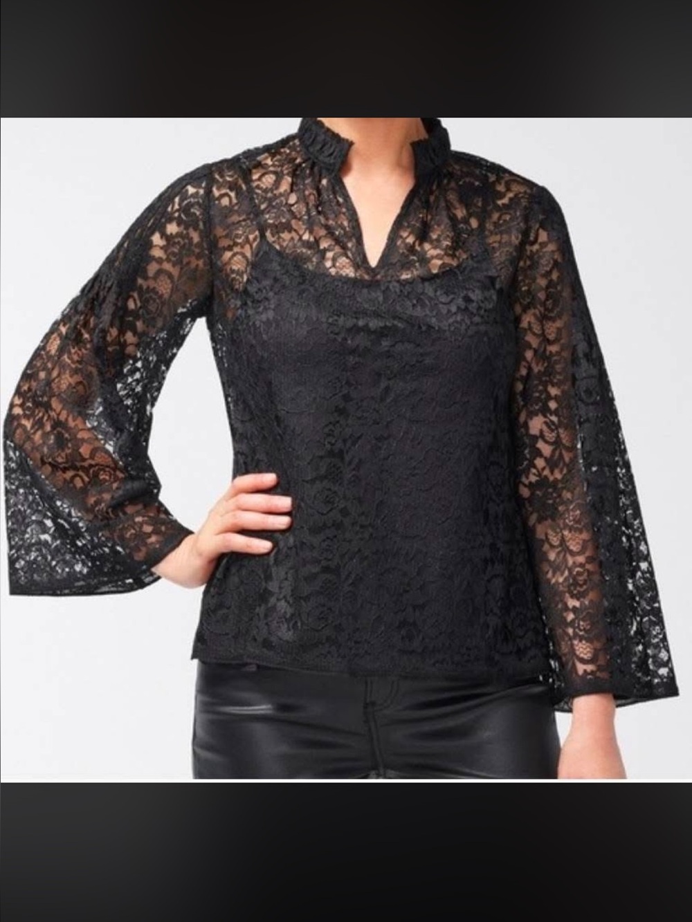 Chico's black lace bell‎ sleeve blouse with cami Size 14 NWT